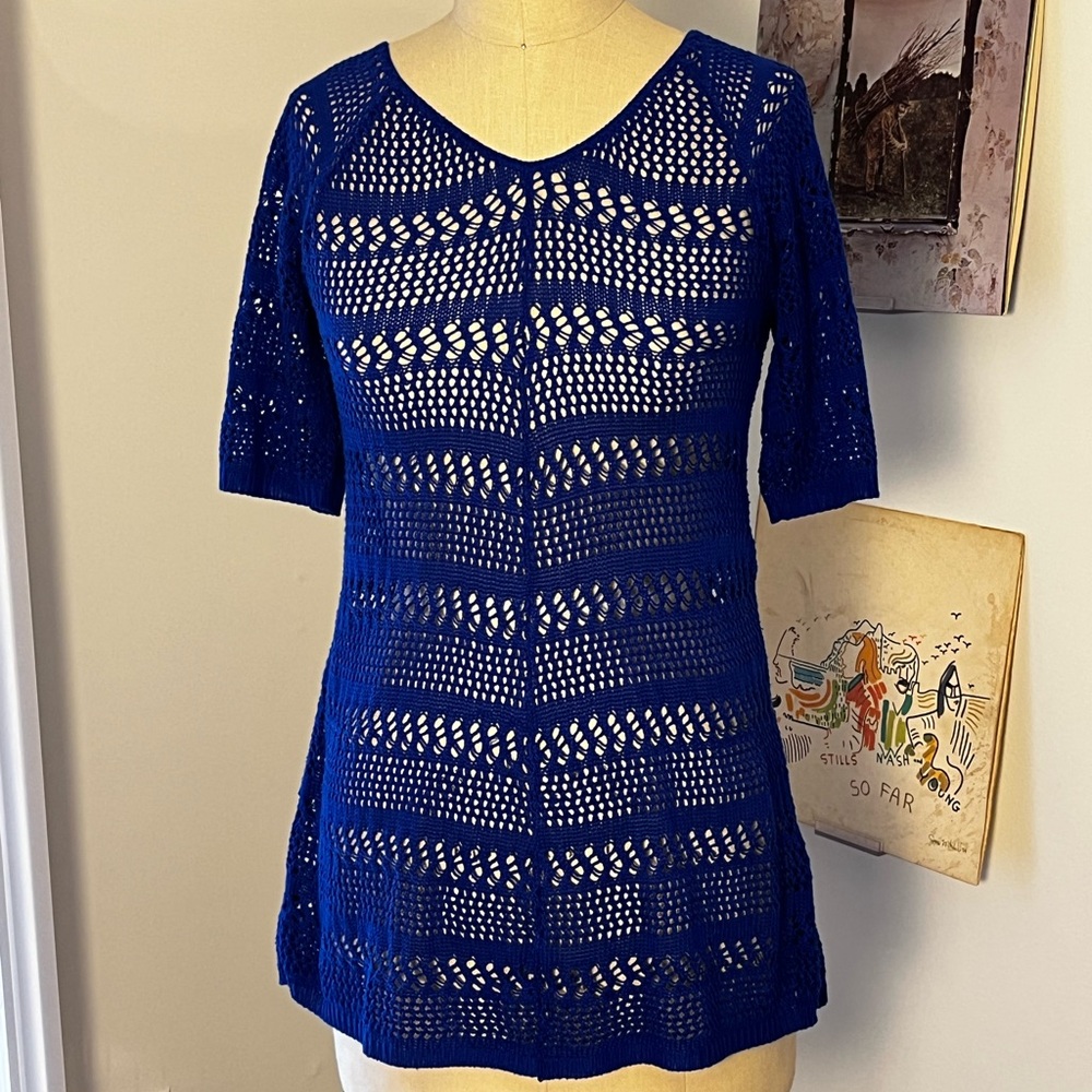 Blue Knit Short Sleeve Top